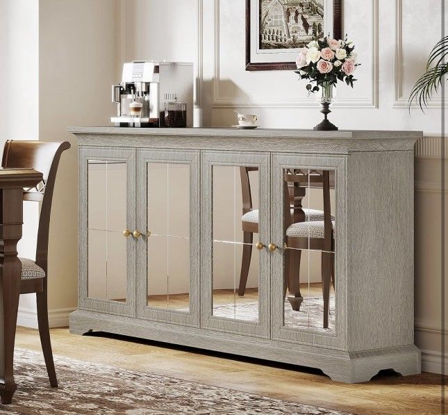 New assembled 55.12" Mirrored Buffet Cabinet with Storage, Vintage Buffet Cabinet with 4 Doors and Adjustable Shelves, Wood Sideboard Buffet Cabinet f