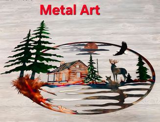 Log Cabin deer forest scene metal artwork (Size 2nd Picture)