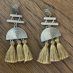 Gold Toned Tassel Earrings with Geometric Design for Pierced Ears in Excellent to Like New Condition 