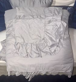 Queen Size 3 Piece Farmhouse Shabby Chic Style with 2 Layers Ruffle Comforter Set - Grey