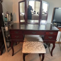 Gorgeous Unused Vanity Table With Glass Top And Matching Seat