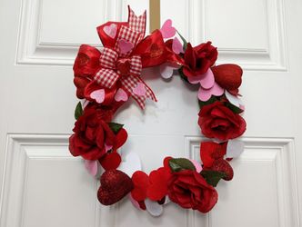 SNEW 14"x14" Valentine's Day Wreath With Hearts, Flowers, And Red/White Bow