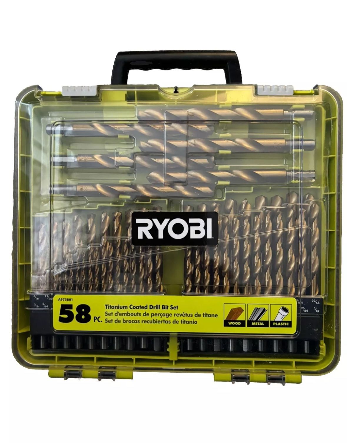 NEW, RYOBI Titanium Coated Drill Bit Set (58-Piece) With Carrying Case (A975801)
