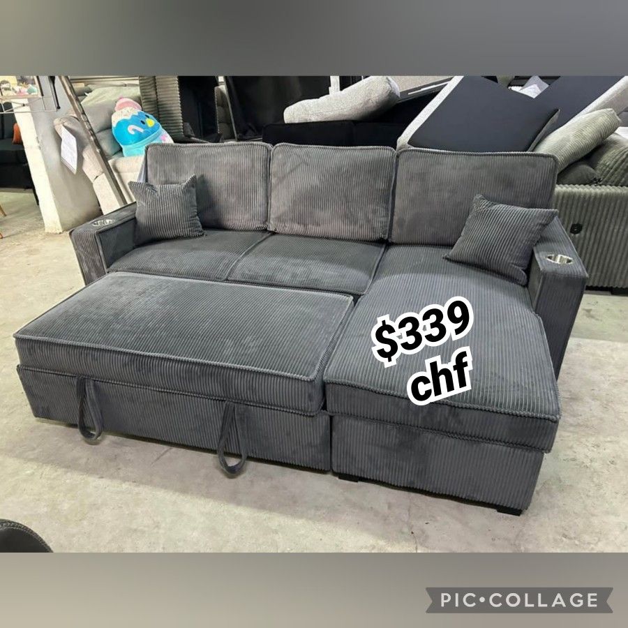 Dark gray corduroy sectional sleeper sofa with storage chaise and pull out bed 