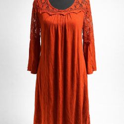 Nina Leonard Orange Crochet Lace Midi Dress Women’s M 3/4 Sleeve 