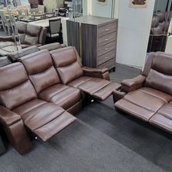 ✅️✅️2 pc smoke leather like fabric sofa and love seat set with recliners on the ends✅️✅️