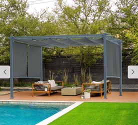 Aoodor 10 x 13 FT Outdoor Pergola with Retractable Shade Canopy, 4 Pieces Roller Shade Curtain - Grey