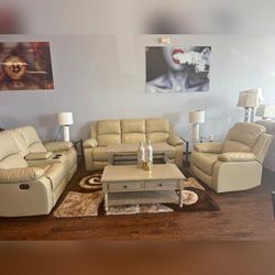 3PC Beige color Leather Manual Recliner sofa set