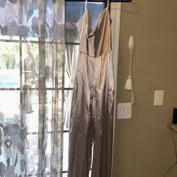 Champagne Satin Beaded Jumpsuit