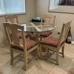Glass Round Dining Table + 4 Chairs – Sturdy Wood Base 