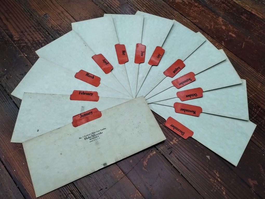Vintage 1940s Set Of 12 No. 4 Bankers Note Case Guides Monthly Globe-Wernicke Index Tab Card Dividers Office Filing Supply