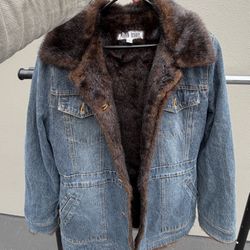 Marvin Richards Denim Jacket Faux Fur Lining Fur Trim Pockets Brown Collar