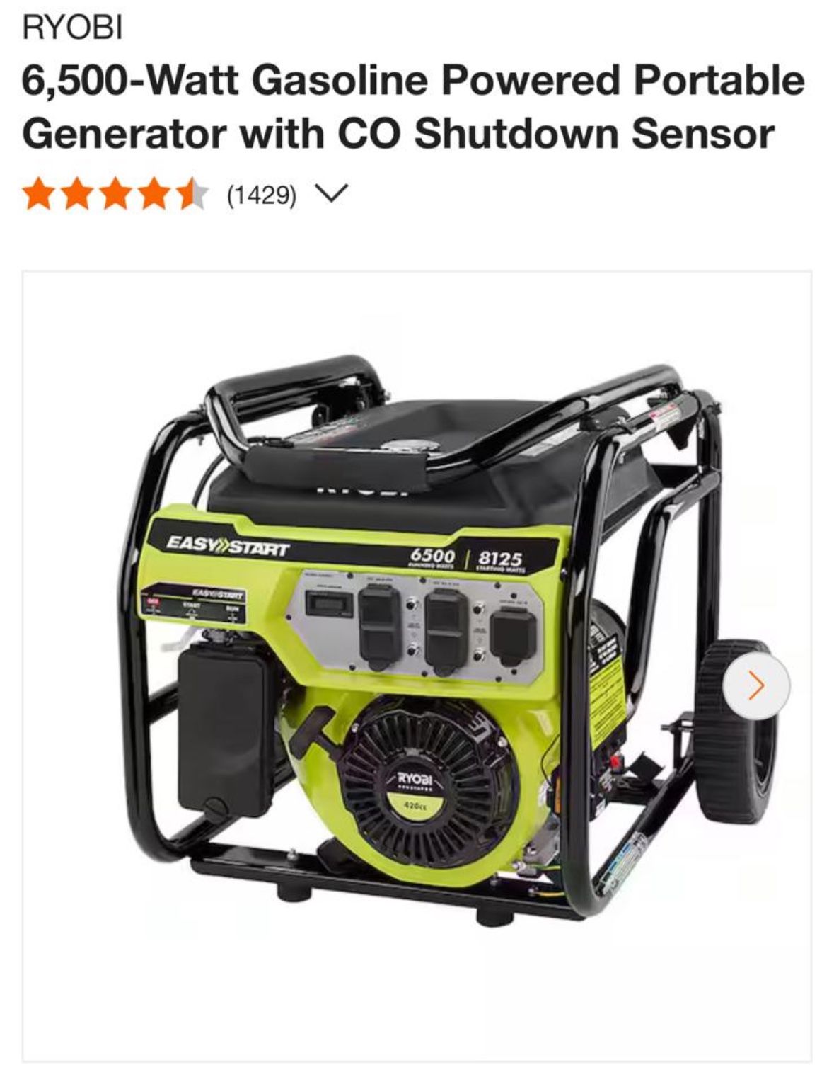 Ryobi 6,500-Watt Gasoline Powered Portable Generator with CO Shutdown Sensor.   