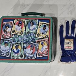 Los Angeles Dodgers 2001 Tin Metal Lunchbox & Dodger batting Glove