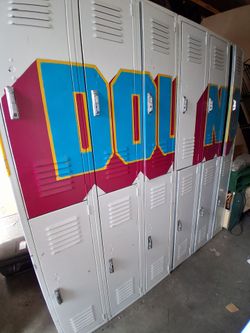School lockers (x3) white, "no doubt" on front. 6ft tall, 20in deep, 3.5 ft wide (each unit)