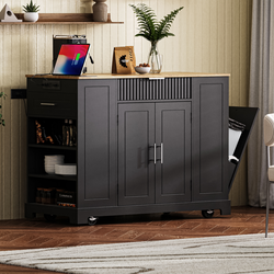 Homy Casa Talyn 55" Fluted Kitchen Island with Power Outlet Trash Can Storage and Drawers