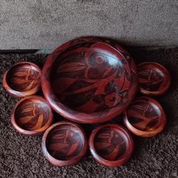 Vintage Carved Wood Bowl Set, 7 Piece Teak Wood Salad Serving Bowls, Bowls Carved w/ Fish & Flowers