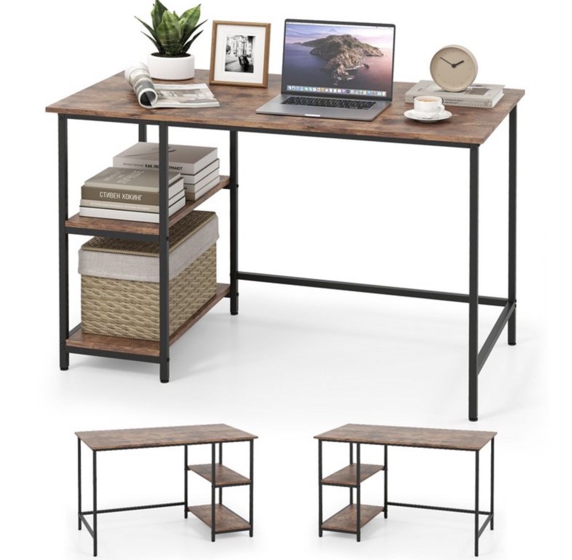 Rustic 47" Modern Computer Desk 2 Shelves