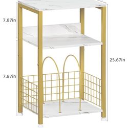 LELELINKY Side Table,White Marble Night Stand with Golden Metal Frame,3 Tier Industrial Wooden Record Player Stand with Vinyl Storage Shelf,End Tables