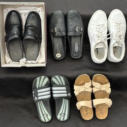 5 pair Women’s shoe lot Adidas Slides Aerosoles Mule Diadora Sneakers 7.5-8.5
