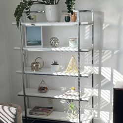 Bookcase White High Gloss Lacquer & Chrome 5 Tier Shelf