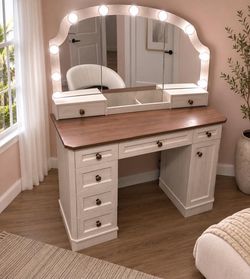 🔥 new Farmhouse Makeup Vanity Desk with Mirror and Lights, 47'' with 8 drawers  L-12