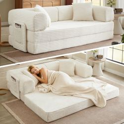 Futon Sofa Bed Boneless Couch for Living Room,Pull Out Couch with Sleeper Sofa,Day Bed Couch with Storage Pocket,Removable Corduroy with 2 Pillow