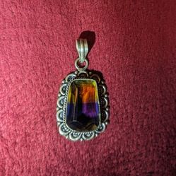 Large  Vintage Sterling Silver Pendant With Natural Multicolored Stone