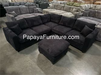 New Modern Black Sectional Couch with Ottoman Set Designer IKEA Style Fabric Corner Living Room Space Apartment Size Small Avai Ivory White Beige Gray