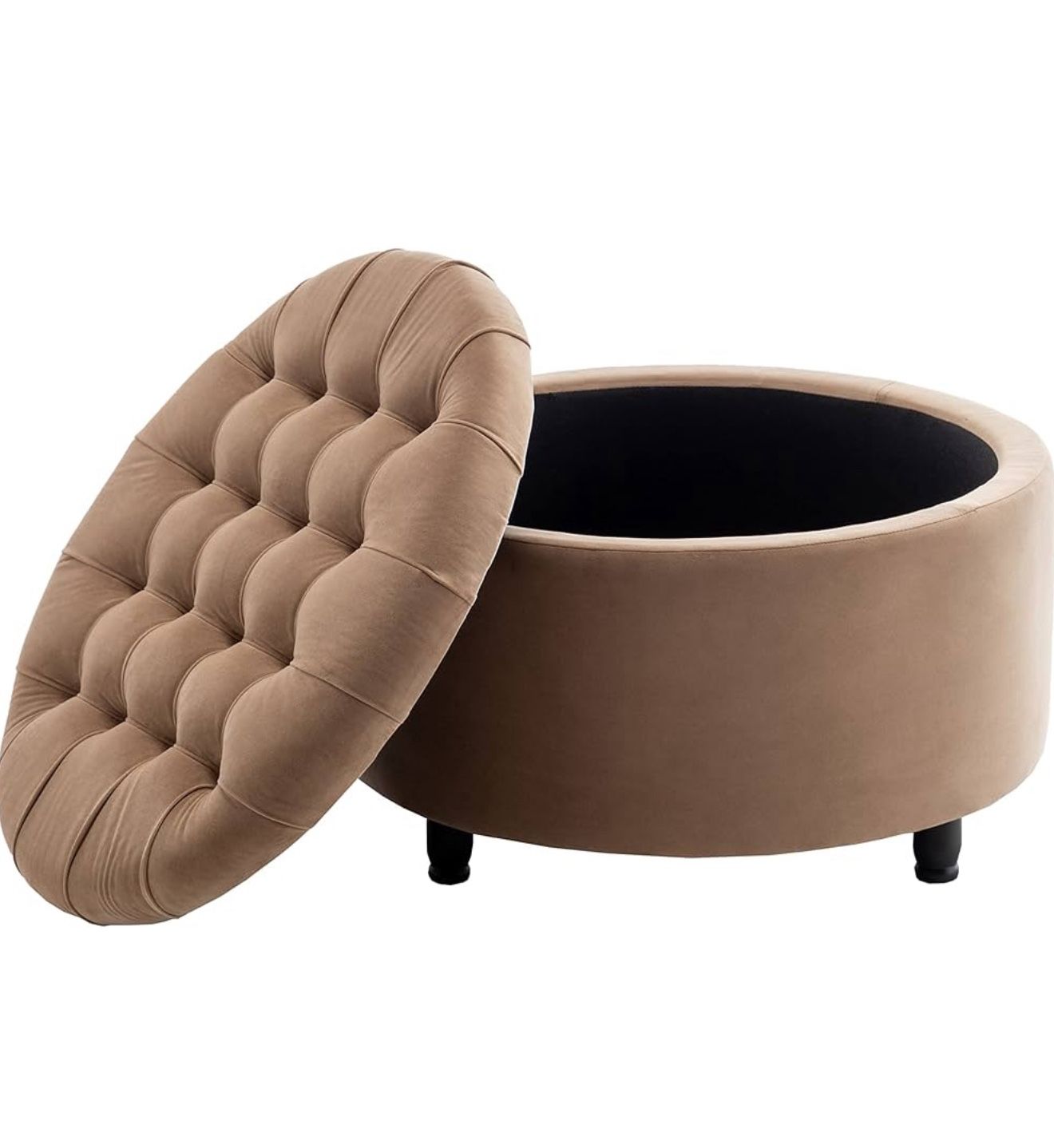 Wovenbyrd Classic 28-Inch Wide Button Tufted Round Storage Ottoman Footstool with Lift Off Lid, Light Brown Velvet