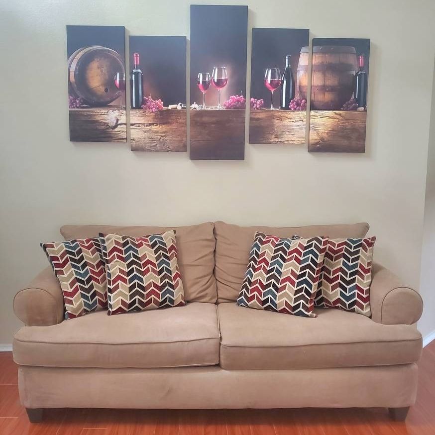 Tan Loveseat With Accent Pillows 