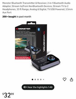 Monster Bluetooth Transmitter & Receiver, 2-in-1 Bluetooth Audio Adapter, Stream to/from NonBluetooth Devices, Stream TV to 2 Headphones, 33 ft Range,