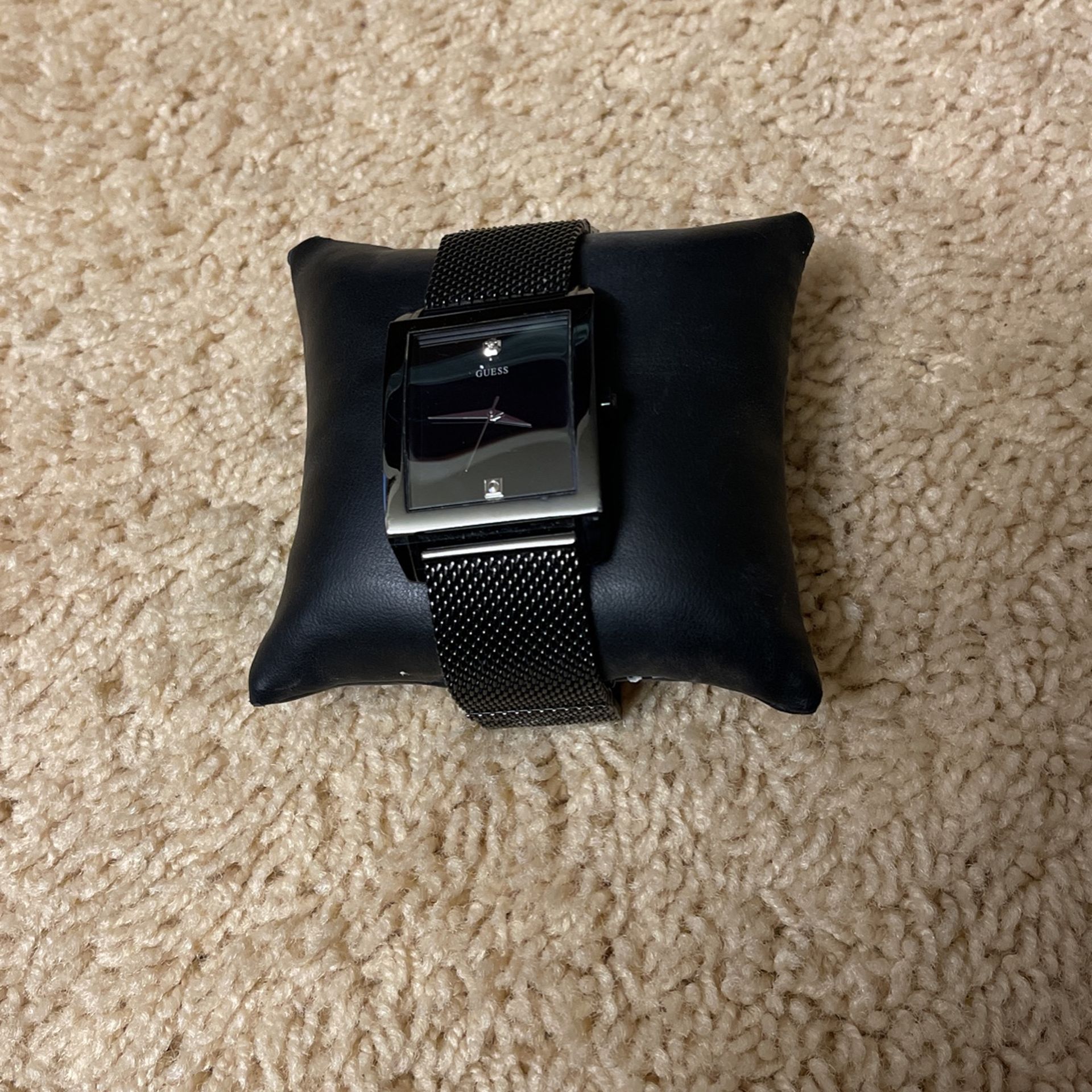 GUESS Men's Mesh Black Ionic Plated Rectangular Genuine Diamond Watch U0298G1