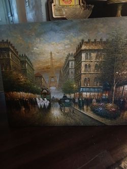 Vintage impressionist style oil painting on canvas of Parisian street scene of Eiffel tower