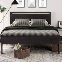 14 Inch Full Size Metal Platform Bed Frame with Wooden Headboard and Footboard, Mattress Foundation, No Box Spring Needed, Large Under Bed Storage, No