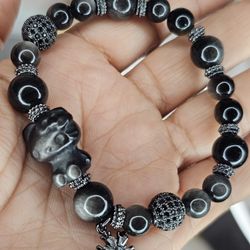 NEW HELLO KITTY Black SILVWR AHEEN OBSIDIAN Beaded Bracelet with Snowflake Charm