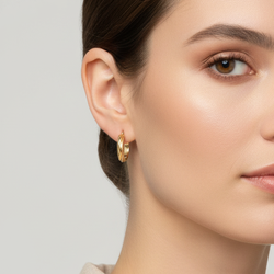 10K Yellow Gold Ridged Design Hollow Hoop Earrings