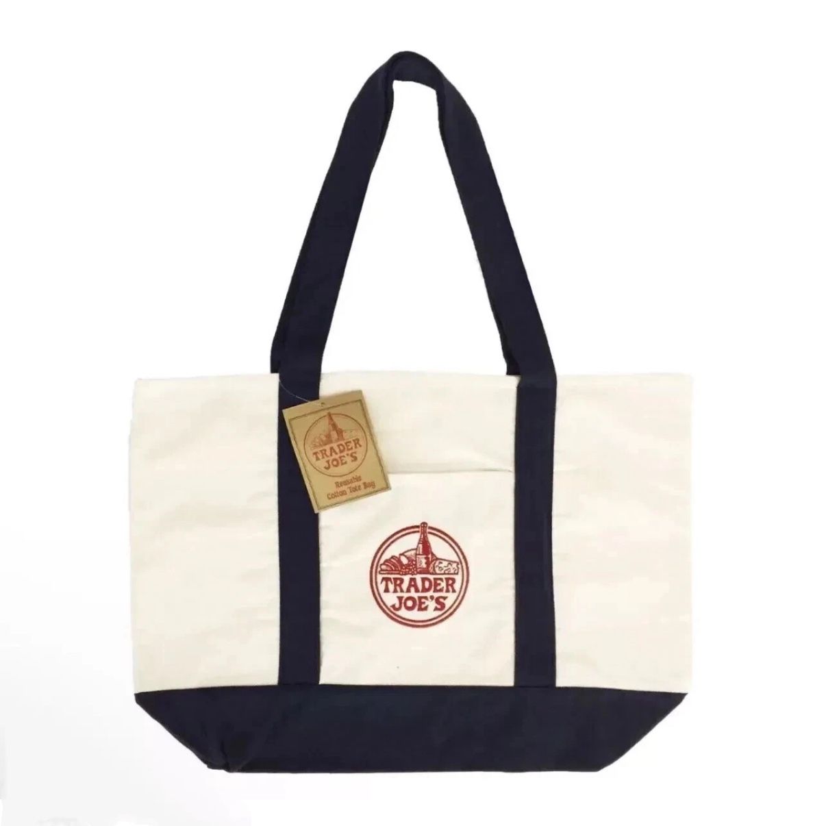 Trader Joe's Canvas Tote Bag, Reusable Heavy Duty Bag Navy Blue White Size Large