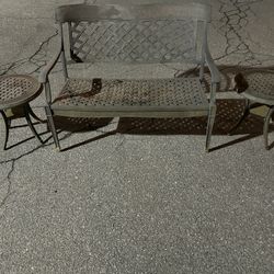 Beautiful Heavy Wrought Iron Bench with 2 Side Tables**