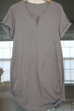 Gray Short Sleeve Casual Dress with Pockets