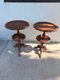 Pair of Vintage Wood Two-Tier Pedestal Side Tables