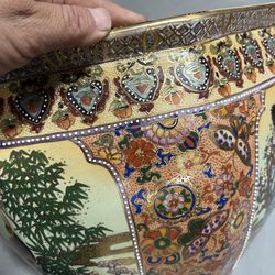 Vintage Intricate Satsuma Style Porcelain Hand Painted Gold Gilt Fish Bowl Vase