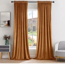 MIULEE Gold Brown Velvet Curtains Thermal Insulated Blackout Curtain Fall Drapes for Bedroom Living Room Darkening 96 Inches Long Curtains Panels Rod 