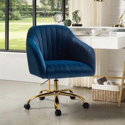 Vanity Chair , Blue Velvet , Desk Chair . Dark Blue Chair Gold Bar New Fully Assembled 