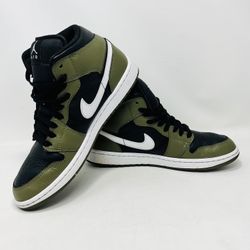 Jordan Air Jordan 1 Mid Black Olive White Leather Mid Top Rubber Outsole Sneaker