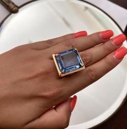 14K & Blue Topaz Cushion Antique Ring