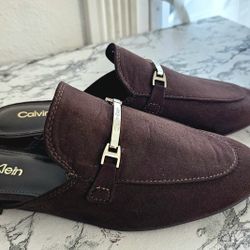 Calvin Klein Brown Suede Slip-On Flats Almond Toe Metal Logo Accent Women