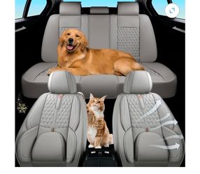 WERTIGEN Car Seat Covers Full Set 5-Seat ,PU Leather /Universal Fixed Lumbar Support Fit SUV Truck Cars, Light Gray