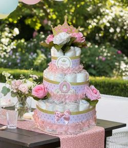 ROYAL LITTLE PRINCESS pink gold baby shower diaper cake - 3 Tiers
