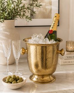 Vintage Hammered Brass Wine Cooler With Knob Handles English Country Vessel Planter Champagne Holde